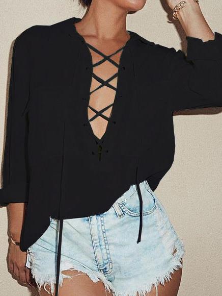 Shein Black Lapel Lace Up Pockets Blouse