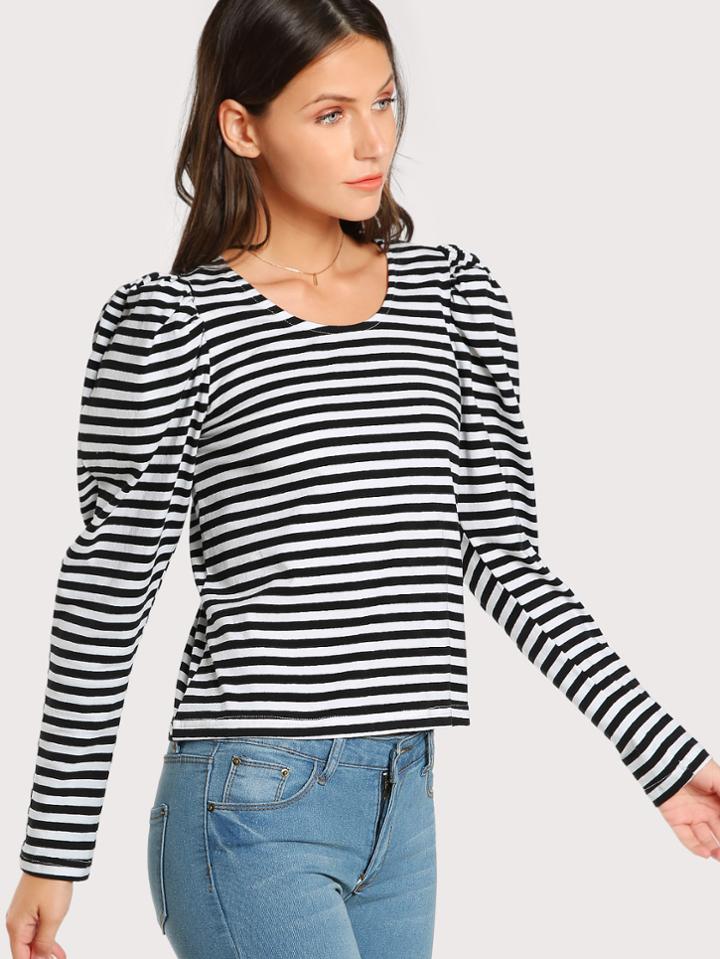 Shein Striped Long Puff Sleeve Top