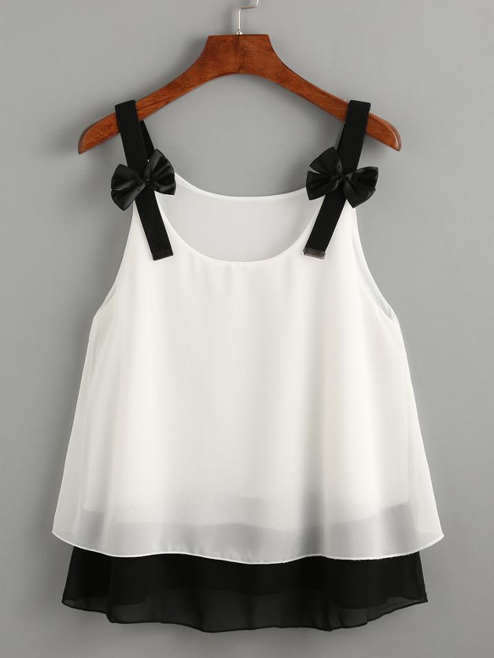 Shein White Bow Embellished Layered Chiffon Top