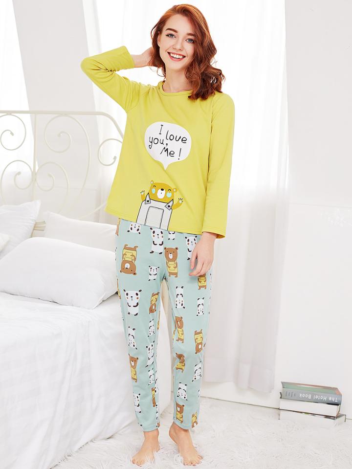 Shein Cartoon Print Drop Shoulder Tee & Pants Pj Set