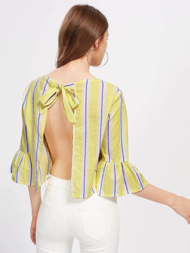 Shein Tie Open Back Striped Flute Sleeve Crop Top