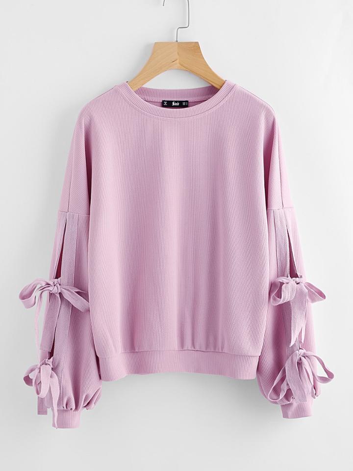 Shein Bow Tie Split Sleeve Ribbed Sweatshirt