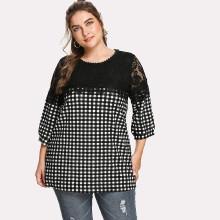 Shein Plus Contrast Lace Gingham Blouse