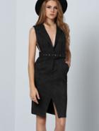 Shein Black Deep V Neck Belt Slit Dress