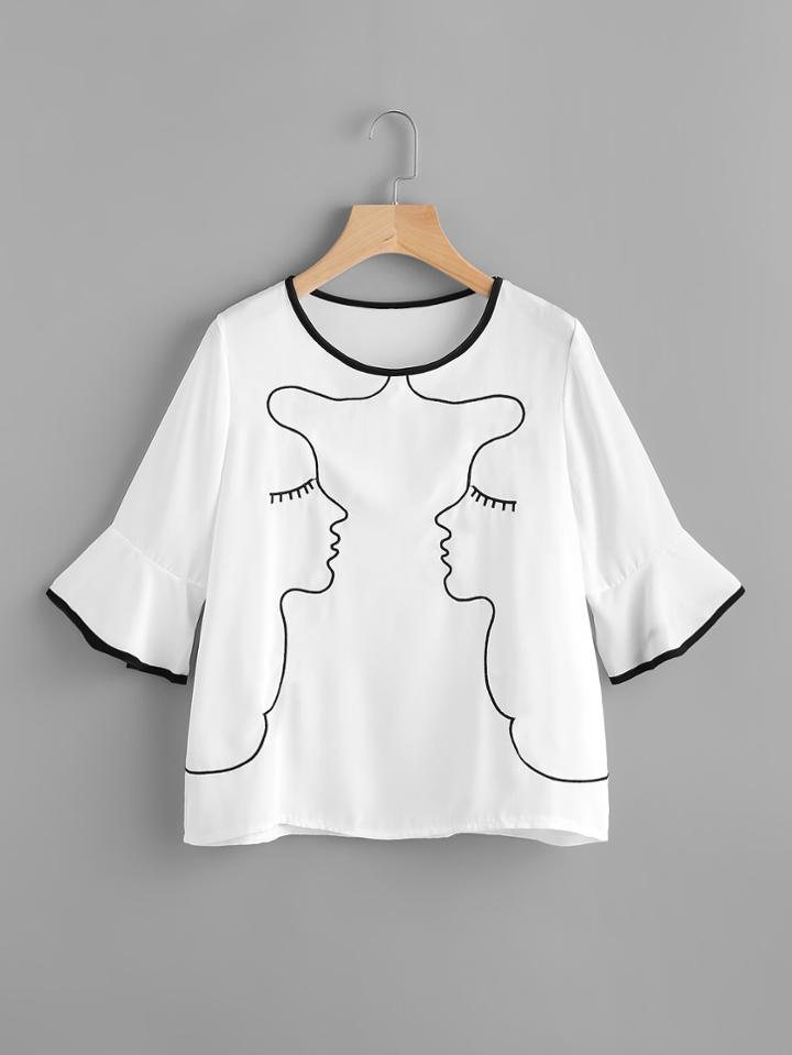 Shein Contrast Trim Abstract Embroidery Flute Sleeve Blouse