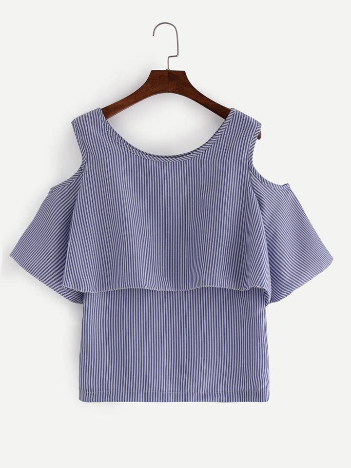 Shein Open Shoulder Layered Vertical Striped Top - Blue