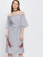 Shein Bardot Flower Applique Vertical Striped Self Tie Dress