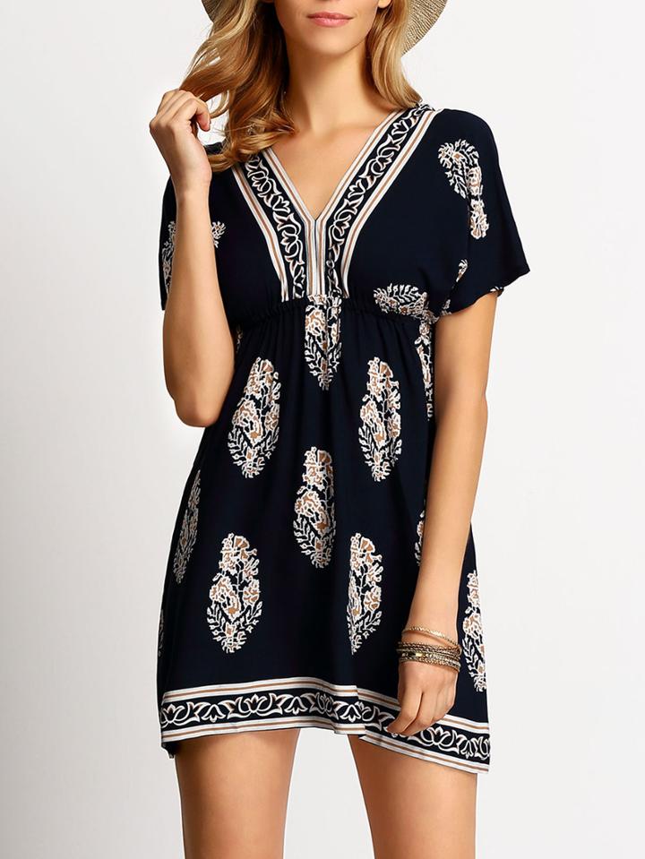 Shein Navy V Neck Short Sleeve Floral Backless Dress