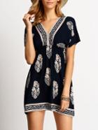 Shein Navy V Neck Short Sleeve Floral Backless Dress