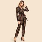 Shein Waist Belted Notched Neck Striped Coat & Pants Co-ord