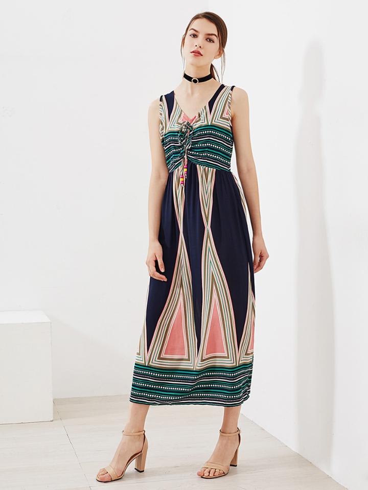 Shein Aztec Print Beaded Tie Neck Dress