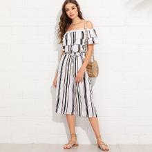 Shein Off Shoulder Drawstring Waist Striped Jumpsuit