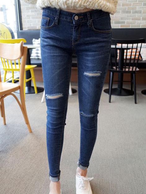 Shein Ripped Denim Slim Blue Pant