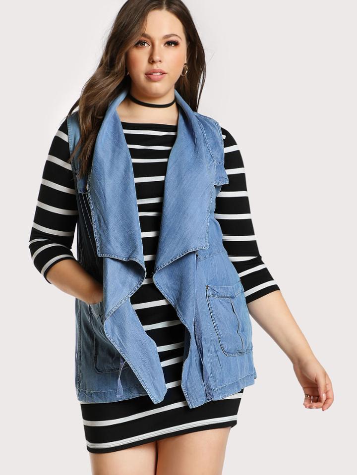 Shein Denim Front Pockets Sleeveless Jacket Denim