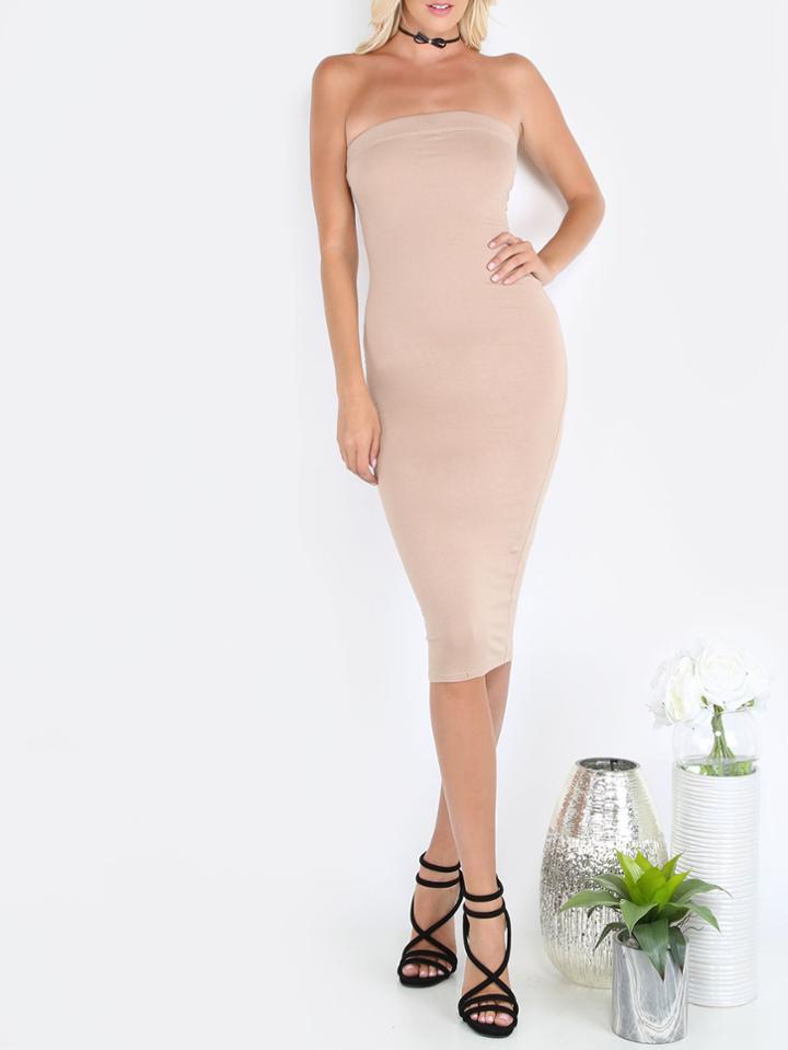Shein Dark Nude Tube Sleeveless Sheath Midi Dress