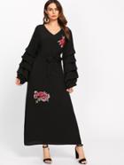Shein Layer Sleeve Embroidered Appliques Self Tie Dress