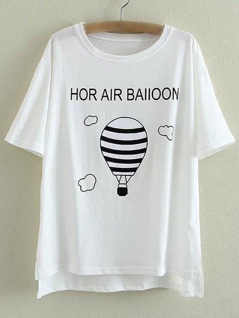 Shein White Dip Hem Letters Hot Air Balloon Print T-shirt