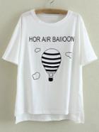 Shein White Dip Hem Letters Hot Air Balloon Print T-shirt