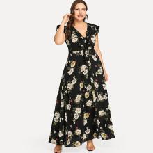 Shein Plus Frilled Shoulder Knot Plunging Floral Dress
