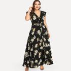 Shein Plus Frilled Shoulder Knot Plunging Floral Dress
