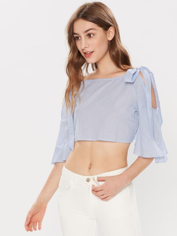 Shein Bell Sleeve Bow Tie Open Shoulder Crop Top