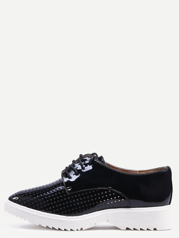 Shein Black Faux Leather Laser Cut Lace-up Oxfords