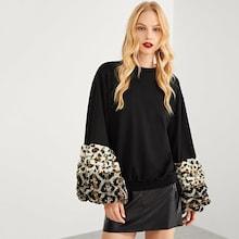 Shein Leopard Contrast Bishop Sleeve Pullover