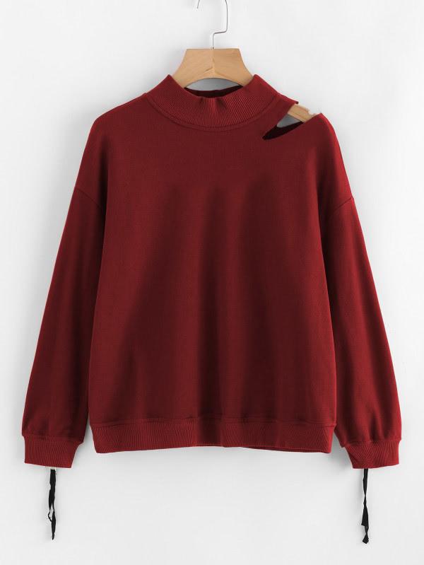 Shein Zipper And Striped Sleeve Cut Detail Pullover