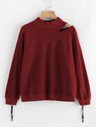 Shein Zipper And Striped Sleeve Cut Detail Pullover