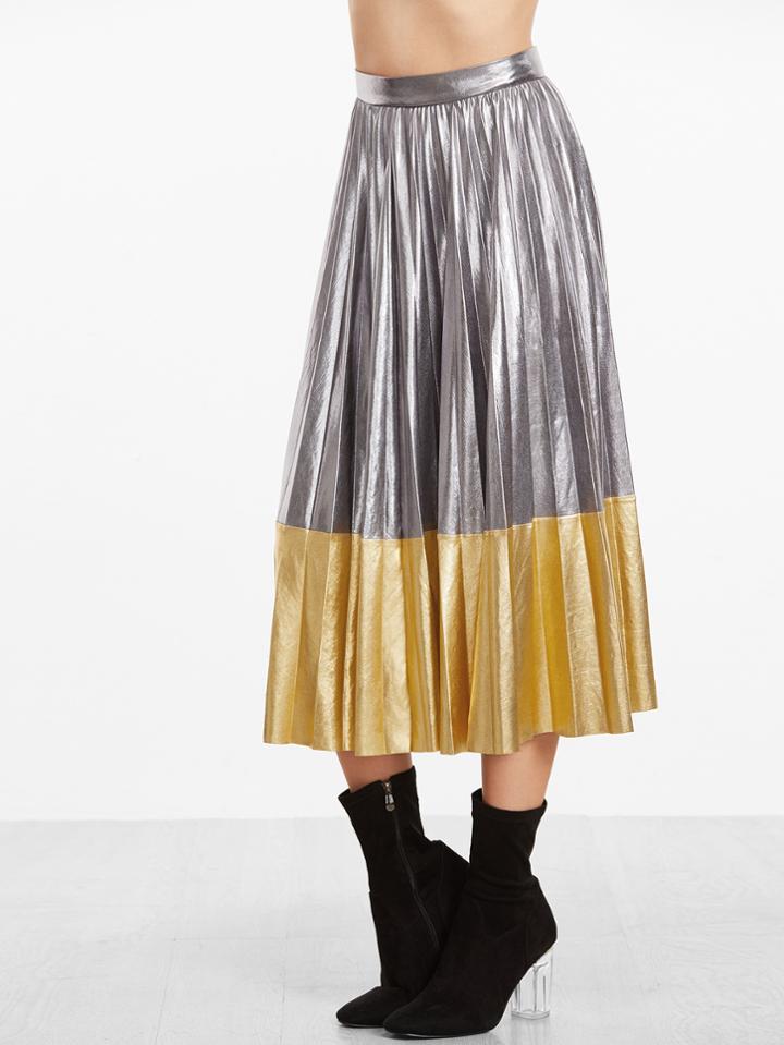 Shein Metallic Contrast Pleated Midi Skirt