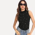 Shein Pearl Beaded Rib Knit Top