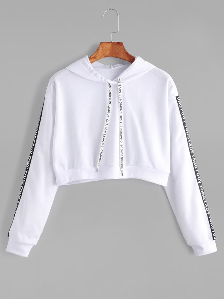 Shein White Hooded Slogan Print Crop Sweatshirt