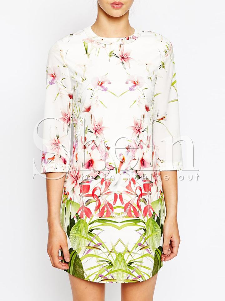 Shein White Long Sleeve Floral Dress