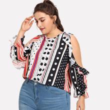 Shein Plus Polka Dot Split Sleeve Ruffle Trim Blouse