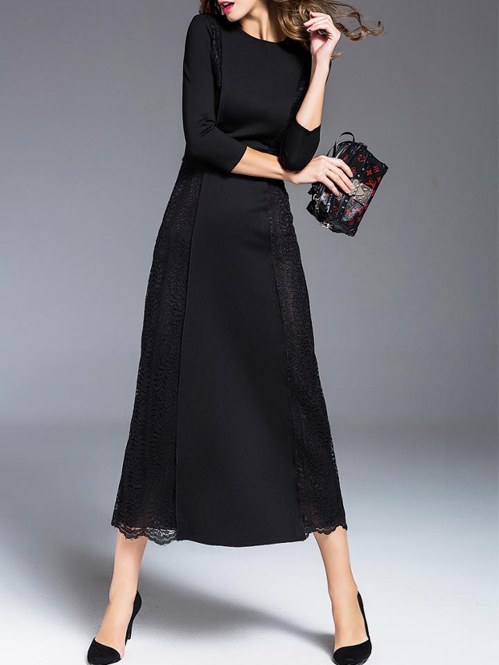 Shein Black Crew Neck Contrast Lace Long Dress