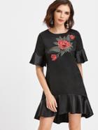 Shein Black Flower Embroidered Ruffle Hem Dress