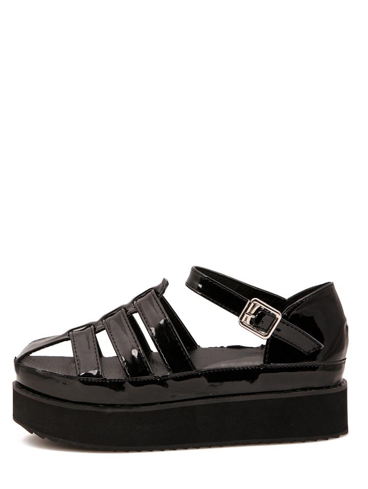 Shein Black Faux Leather Wedge Sandals