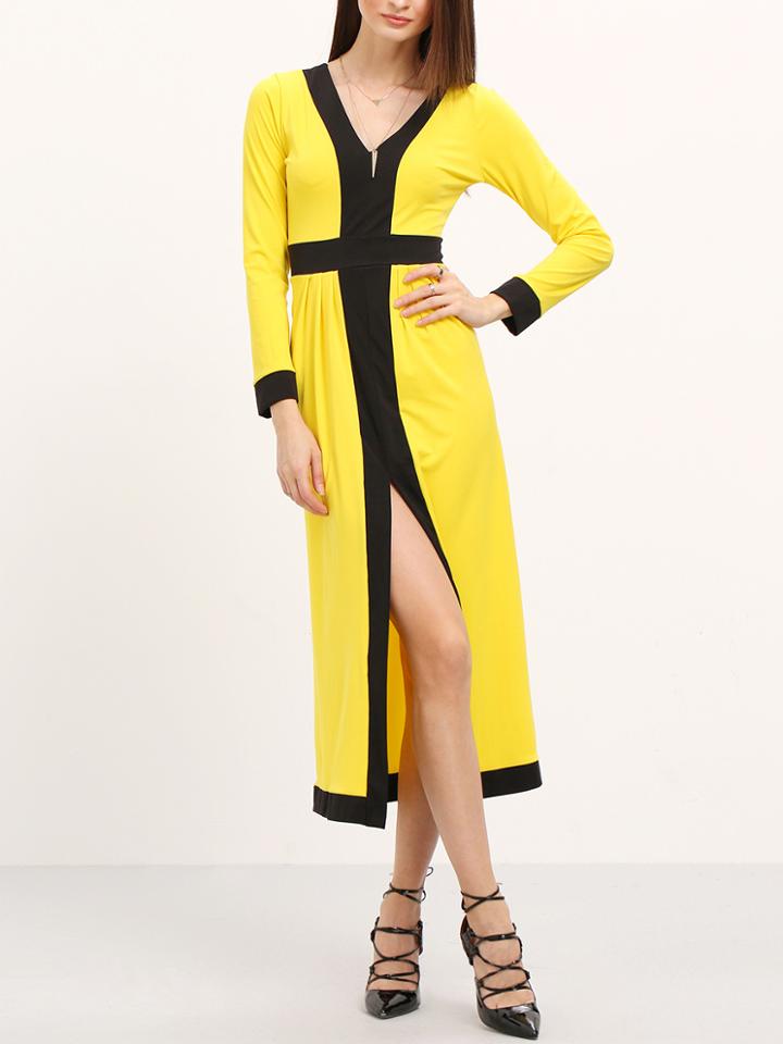 Shein Yellow Long Sleeve Split Midi Dress