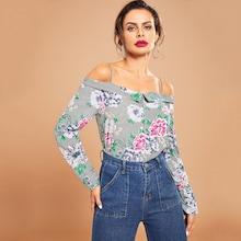 Shein Button Front Flower Print Striped Top
