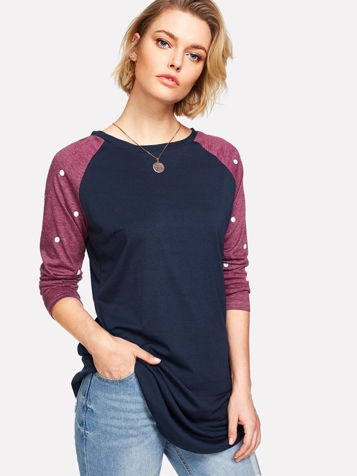 Shein Contrast Raglan Sleeve Curved Hem Tee