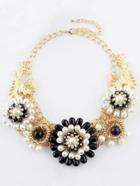 Shein Black White Bead Flower Gold Chain Necklace