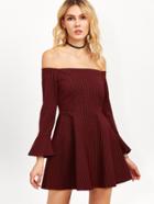 Shein Burgundy Grid Off The Shoulder Tie Back Skater Dress