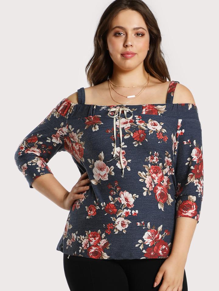 Shein Floral Print Cold Shoulder Top Navy