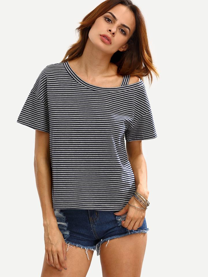 Shein Dark Grey Striped Short Sleeve T-shirt