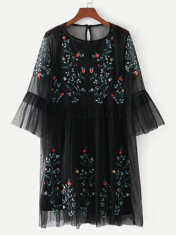Shein Mesh Overlay Embroidered Dress