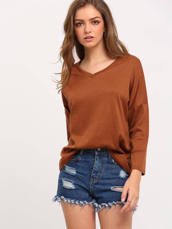 Shein V Neck Loose Camel T-shirt