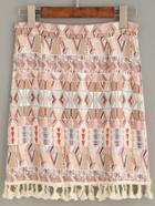 Shein Camel Tribal Print Tassel Trim Skirt