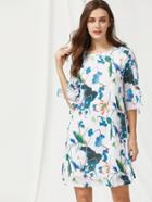 Shein Drawstring Bell Cuff Lotus Print Dress