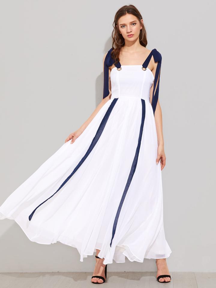 Shein Eyelet Detail Ribbon Tie Shoulder Dress