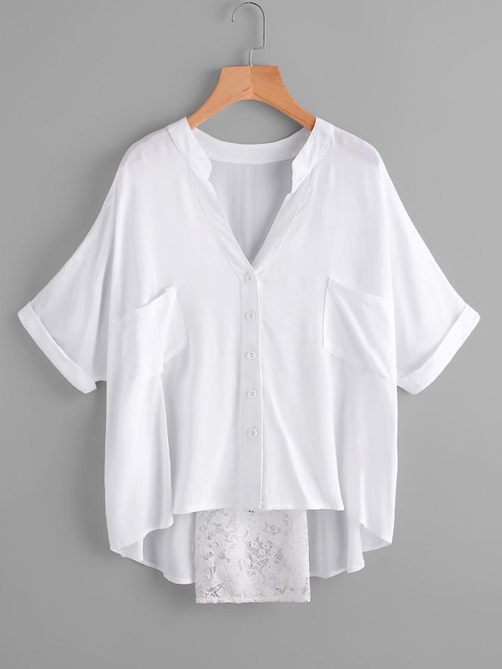 Shein Lace Panel Batwing Sleeve Dip Hem Blouse